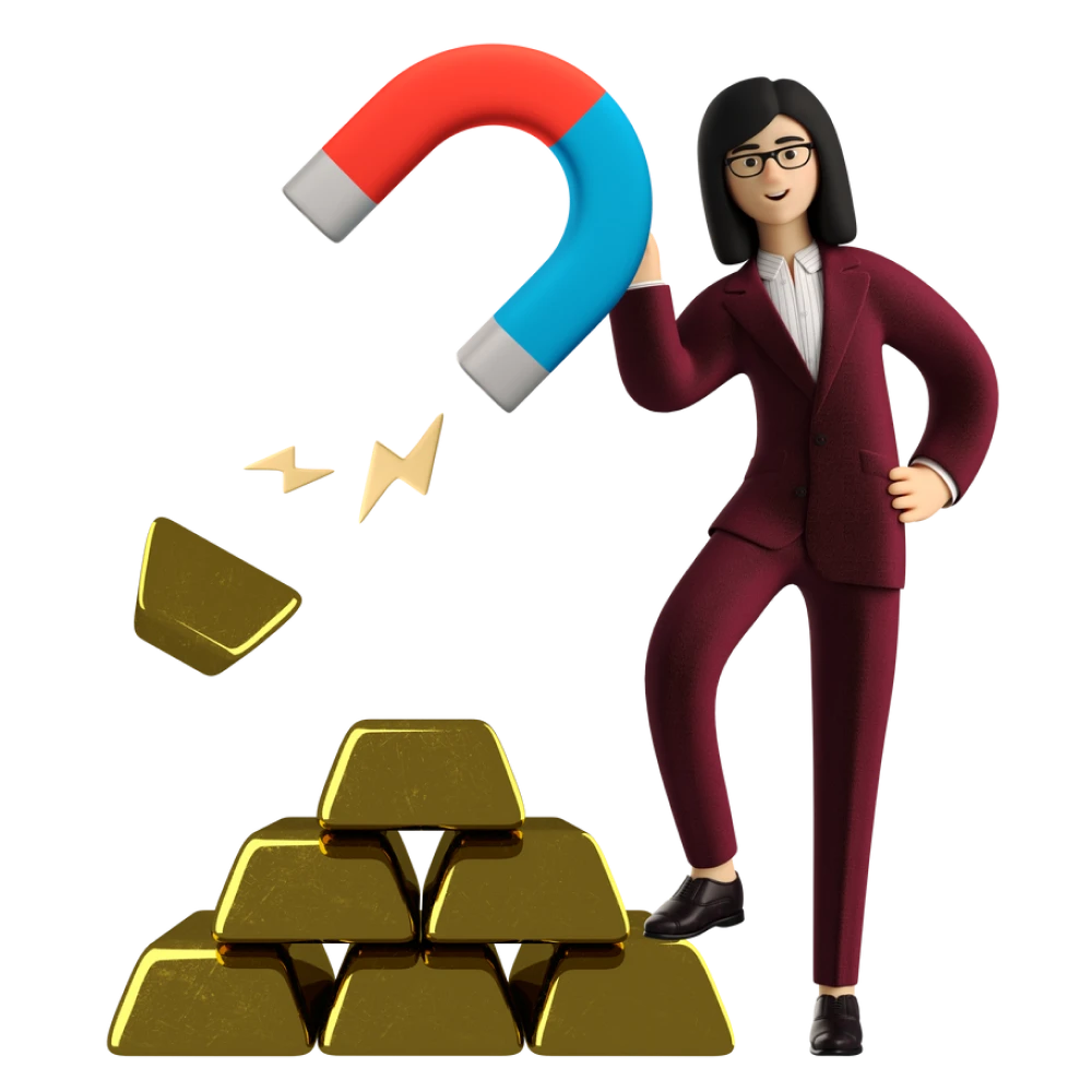 businesswoman in red suit magnetizing gold bar with magnet